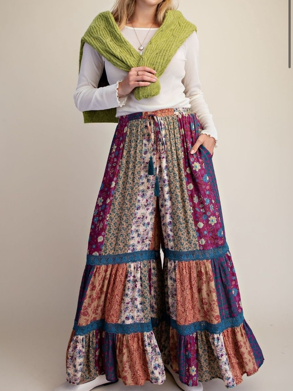 Easel Boho Patchwork Wide-Leg Pants in Magenta Multi
